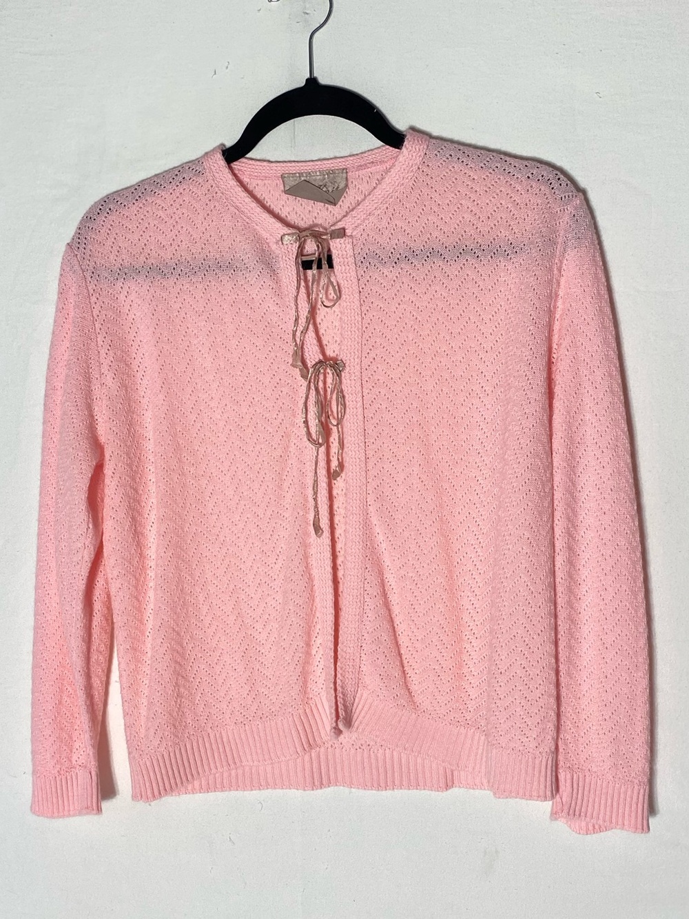 Vintage Avon Knit Pink Pointelle Open Ribbon Tie Cardigan Sweater L Cottagecore